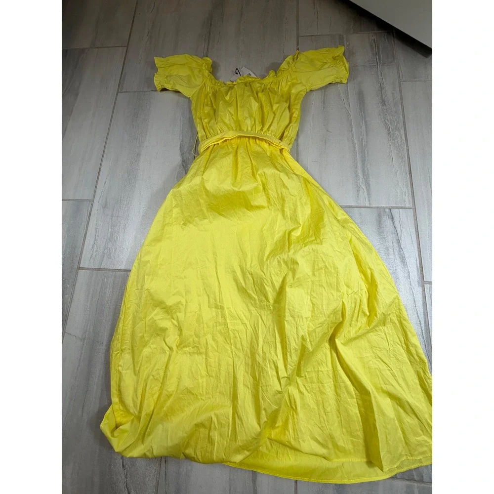 Glamorous Yellow Off Shoulder Cotton Midi Dress with Tie Belt Size 8 NWT